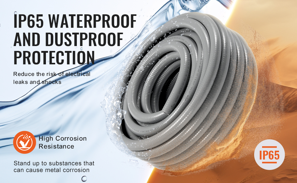 VEVOR pvc liquid-tight conduit providing ip65 waterproof and dustproof protection with high corrosion resistance.