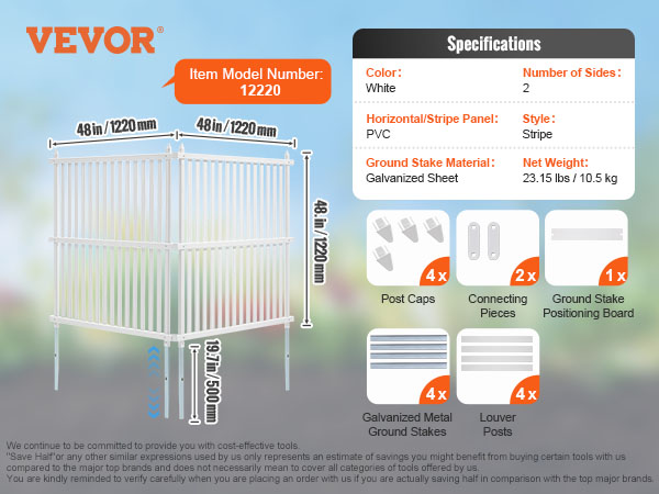 specifications and contents of VEVOR vinyl privacy fence panels with dimensions and components displayed.