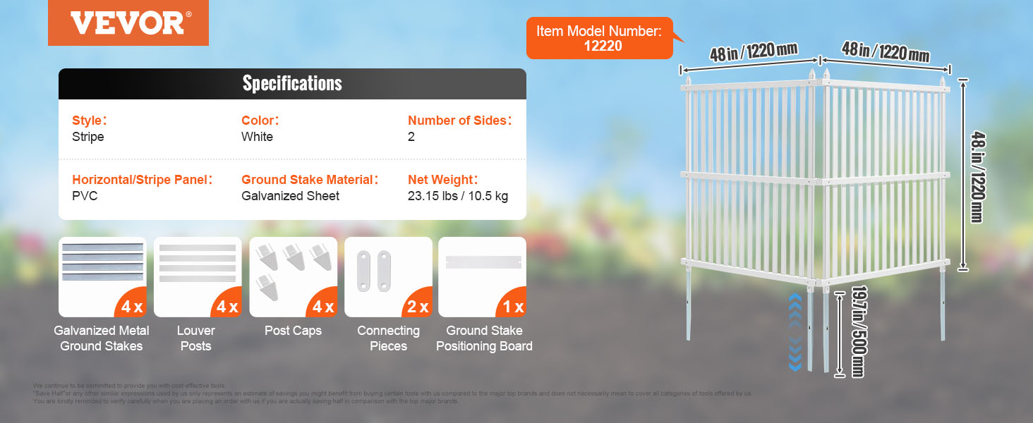 specifications and contents of VEVOR vinyl privacy fence panels with dimensions and components displayed.