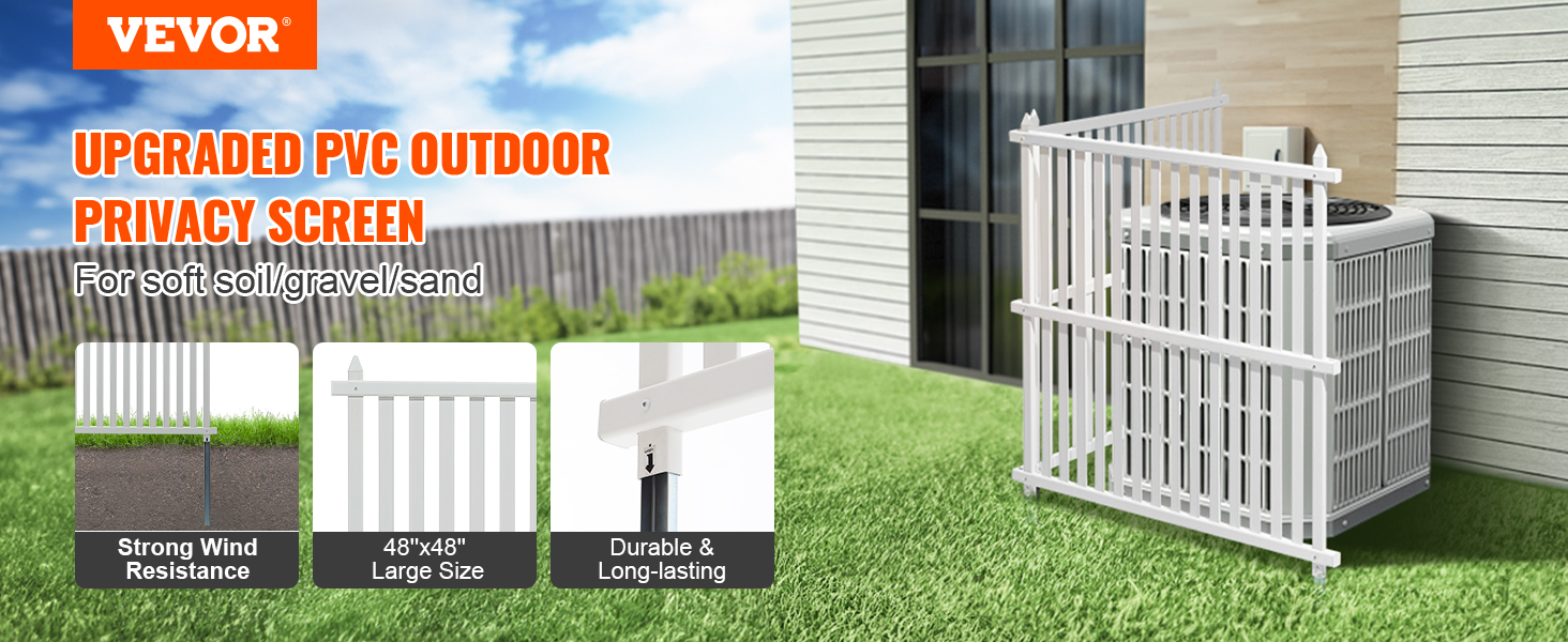 VEVOR vinyl privacy fence panels with strong wind resistance and durable pvc for soft soil, gravel, or sand.