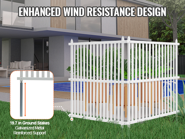 VEVOR vinyl privacy fence panels with enhanced wind resistance design, featuring 19.7-inch ground stakes.
