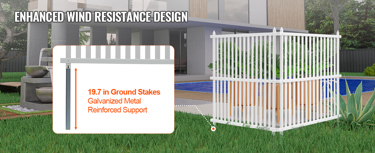 VEVOR vinyl privacy fence panels with enhanced wind resistance design, featuring 19.7-inch ground stakes.