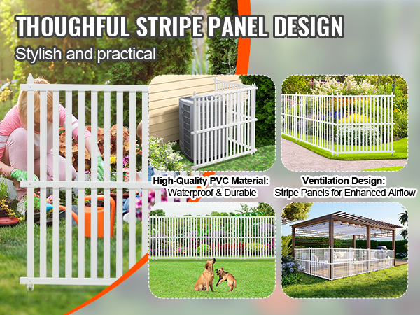 VEVOR vinyl privacy fence panels: stylish white pvc material, waterproof, durable, ventilation design.