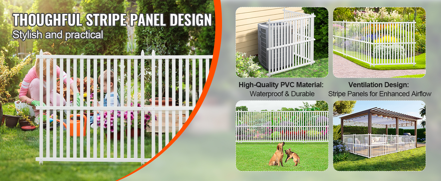 VEVOR vinyl privacy fence panels: stylish white pvc material, waterproof, durable, ventilation design.