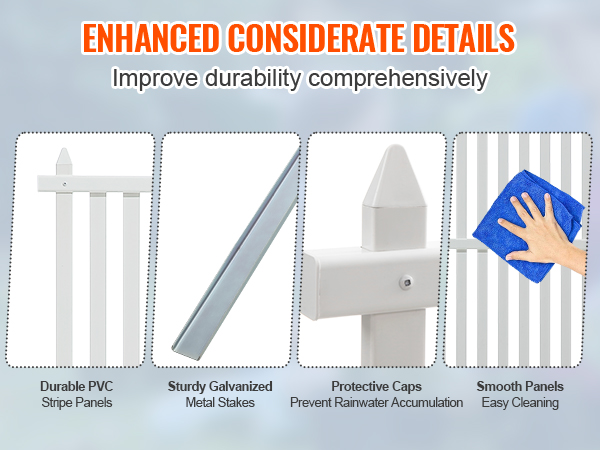enhanced details of VEVOR vinyl privacy fence panels featuring pvc stripes, galvanized metal stakes, caps, and easy-to-clean.