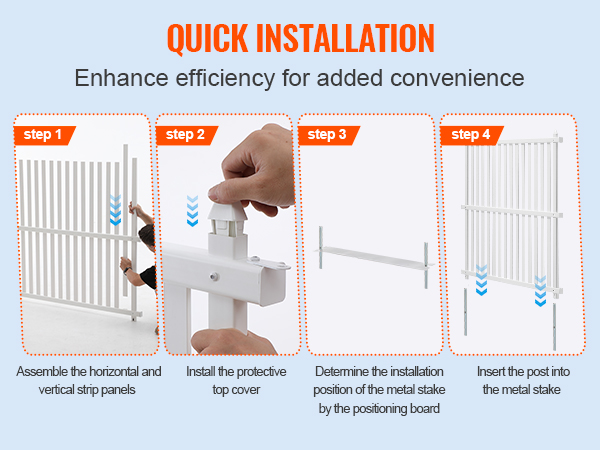 quick installation guide for VEVOR vinyl privacy fence panels showing four detailed assembly steps.