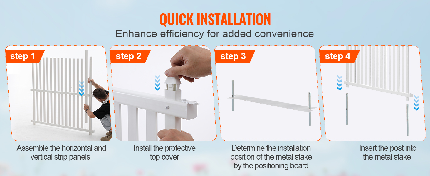 quick installation guide for VEVOR vinyl privacy fence panels showing four detailed assembly steps.