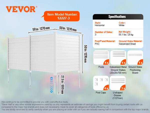 VEVOR privacy screens specifications: horizontal style, white pvc, 50in height, galvanized metal stakes.