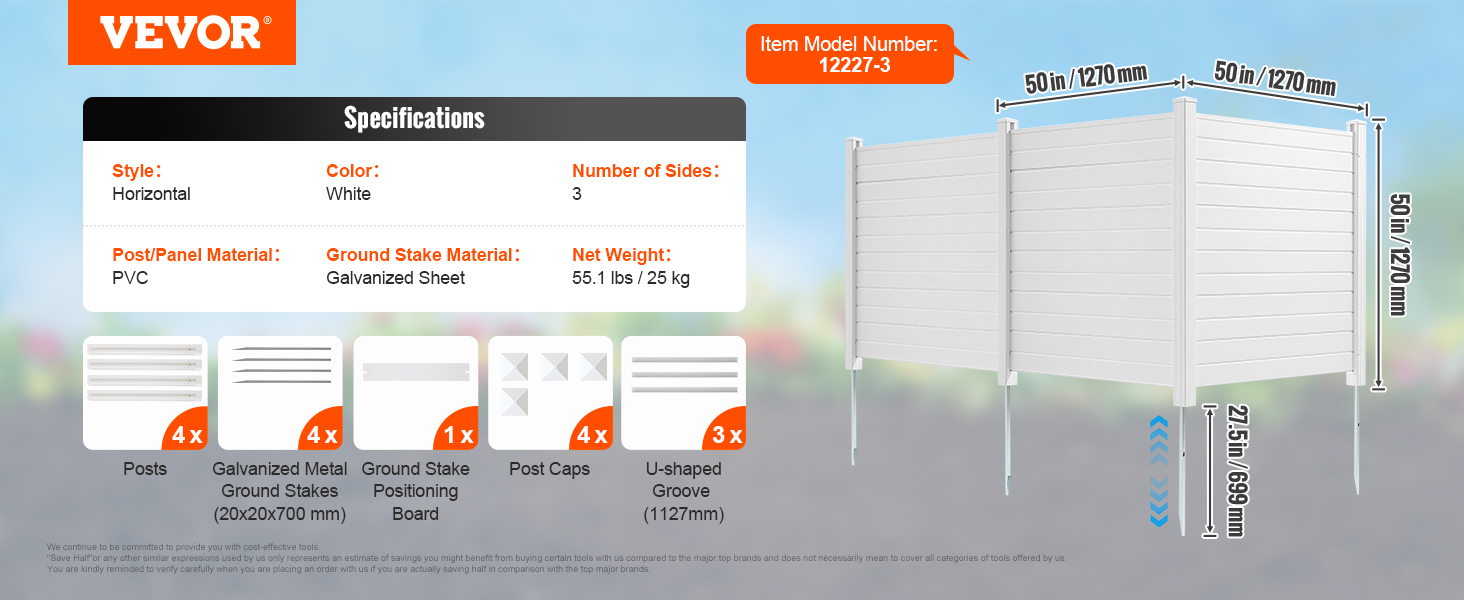 VEVOR privacy screens specifications: horizontal style, white pvc, 50in height, galvanized metal stakes.