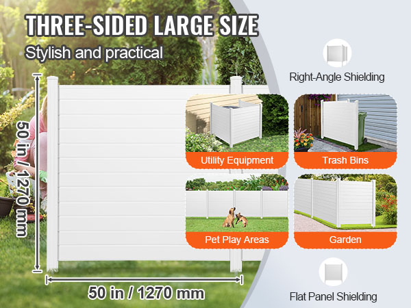 three-sided large white VEVOR privacy screens for utility equipment, trash bins, pet play areas, and garden.