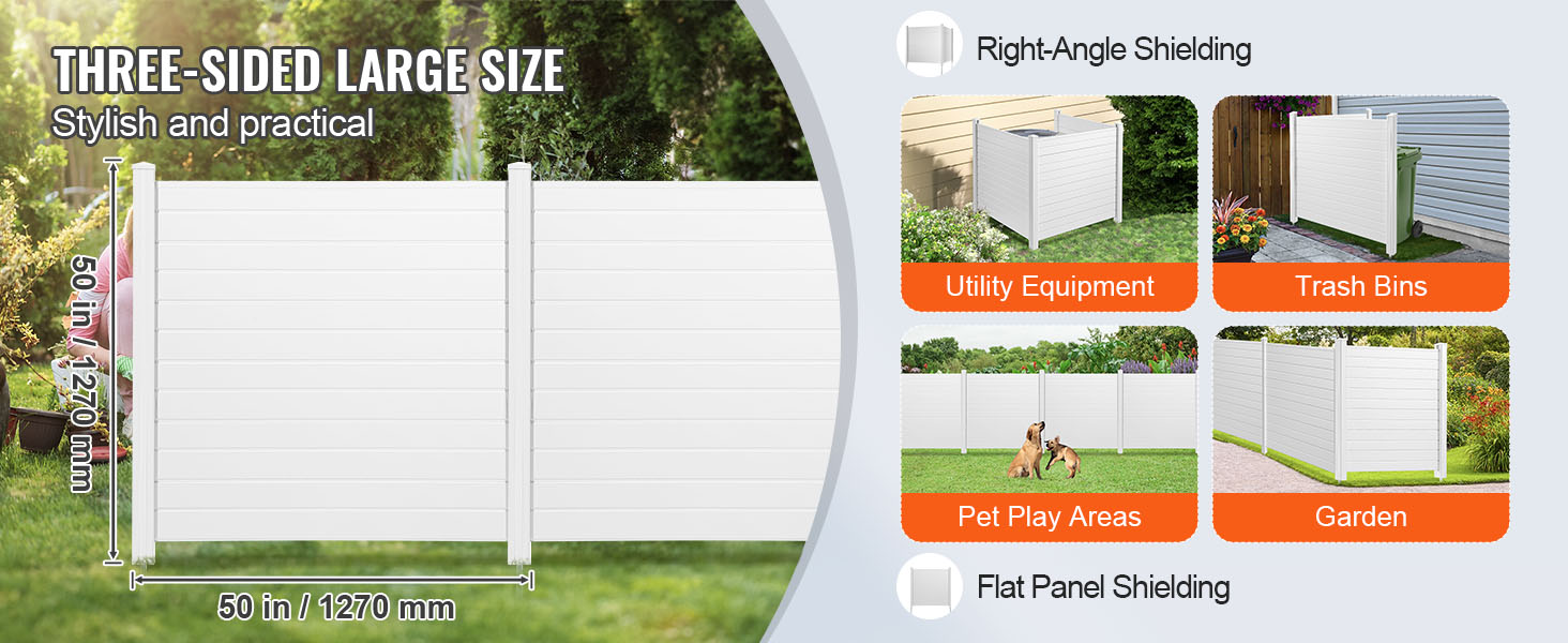 three-sided large white VEVOR privacy screens for utility equipment, trash bins, pet play areas, and garden.