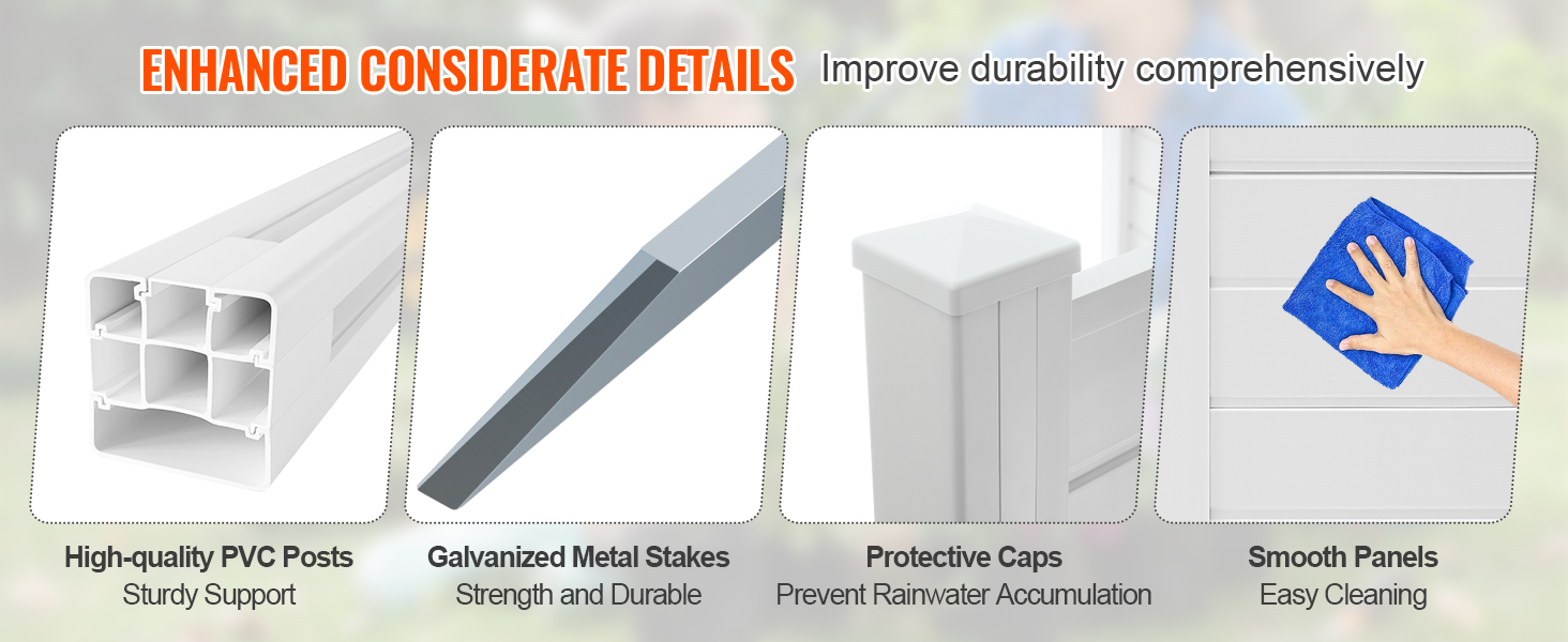 high-quality pvc posts, galvanized stakes, protective caps, and smooth panels for VEVOR privacy screens.