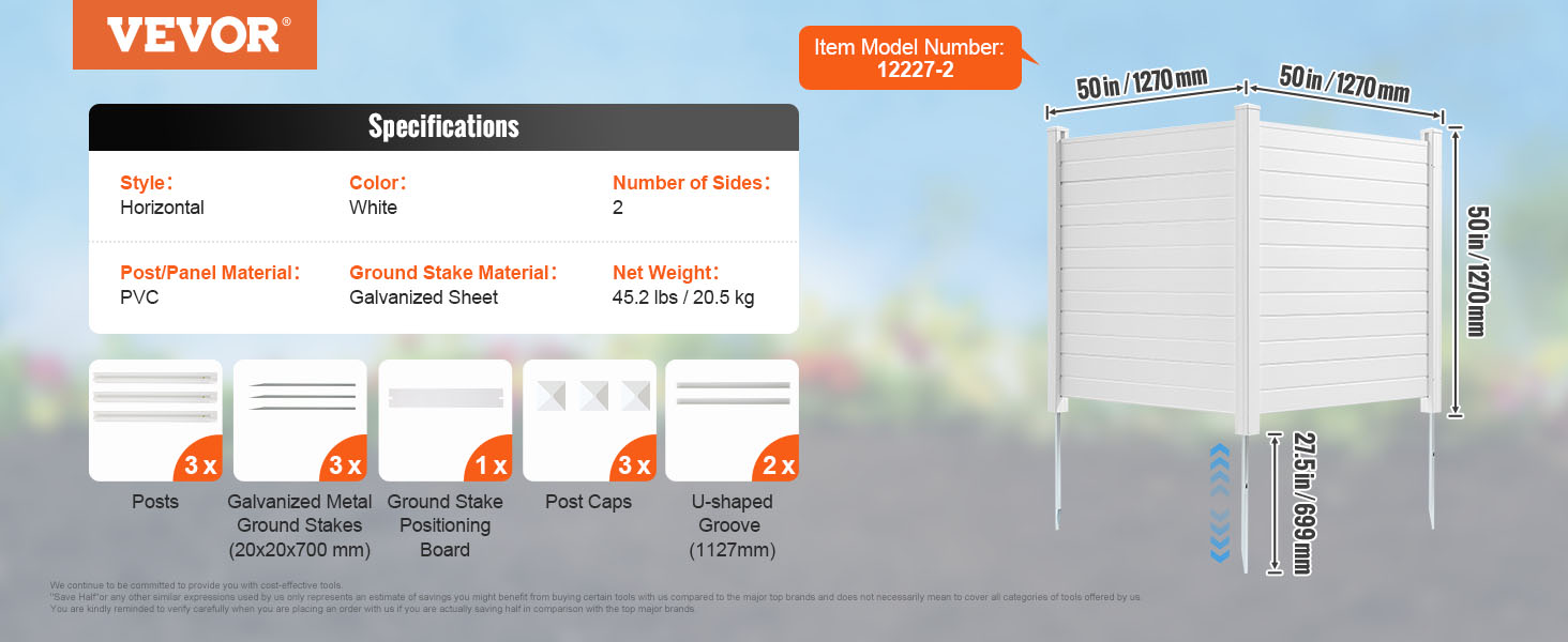 VEVOR outdoor privacy screen dimensions and specifications, including material, weight, and accessories.