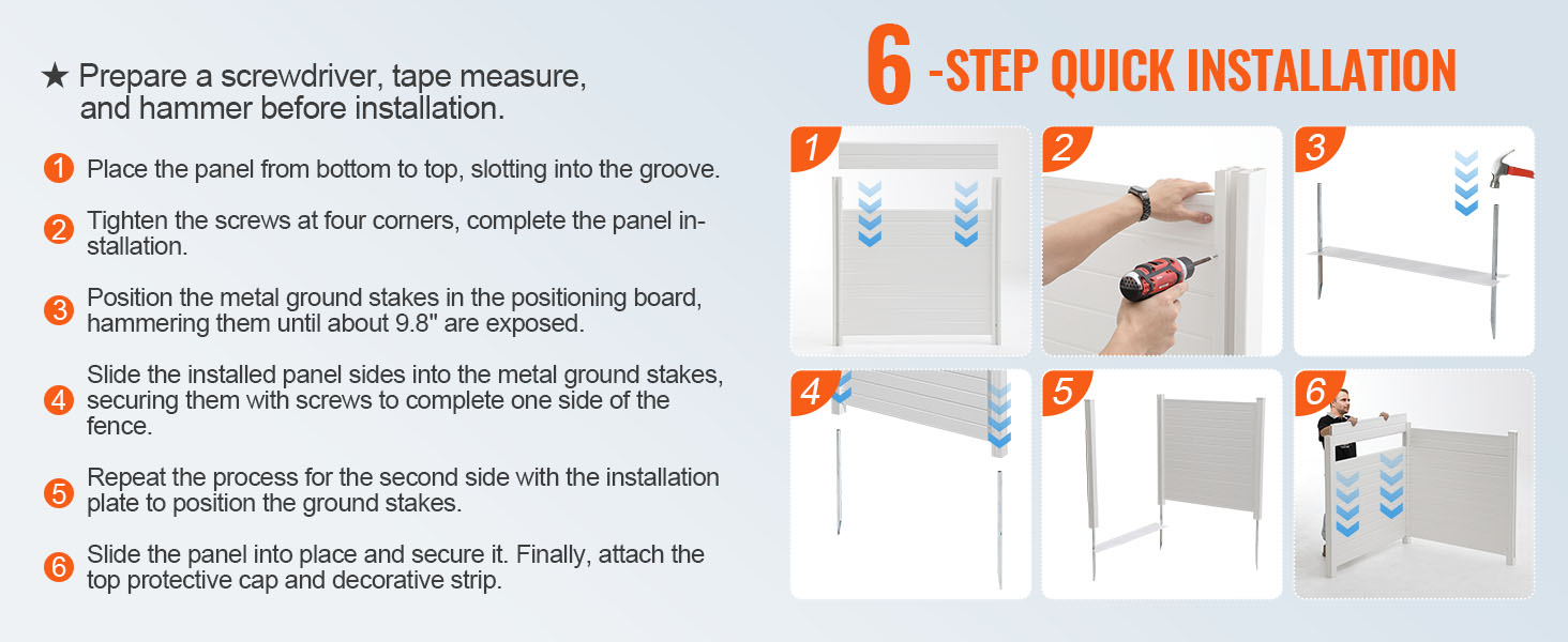 6-step quick installation guide for VEVOR outdoor privacy screen with illustrations and detailed instructions.