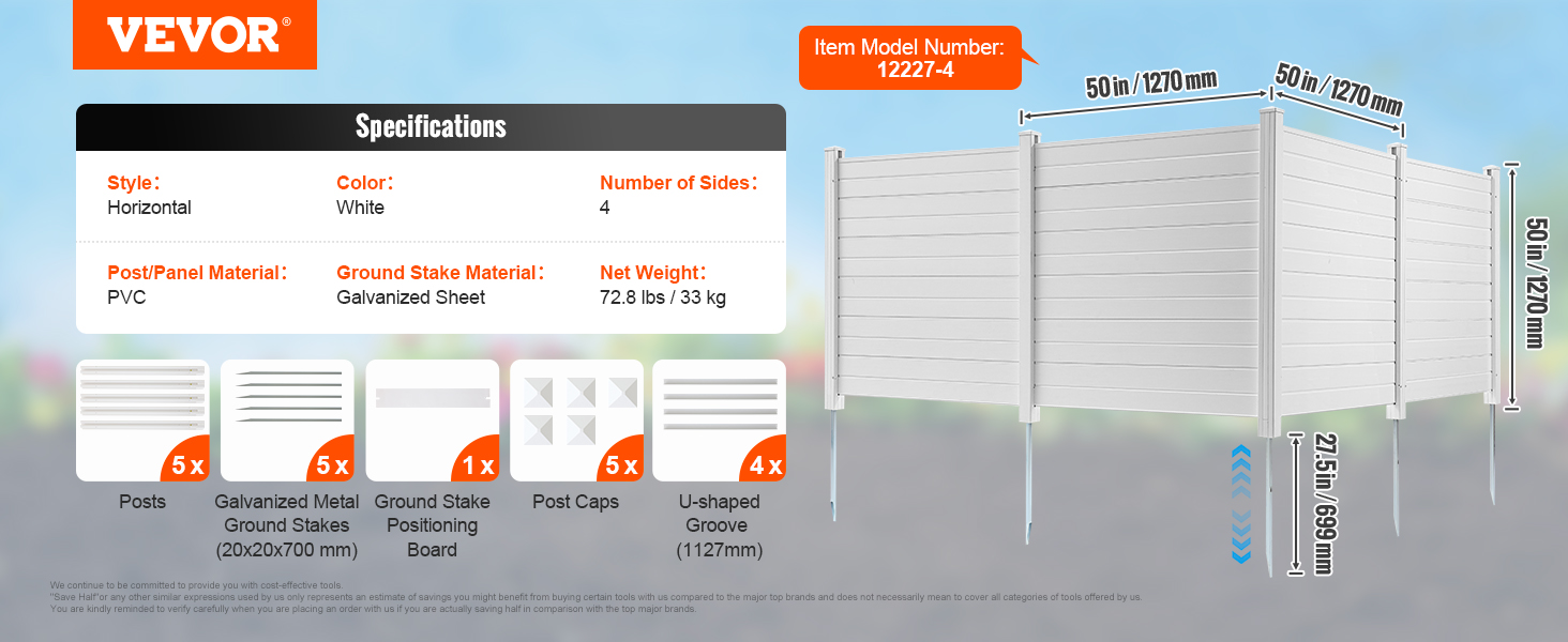 VEVOR privacy screens specifications in white pvc with galvanized sheet stakes and assembly components.