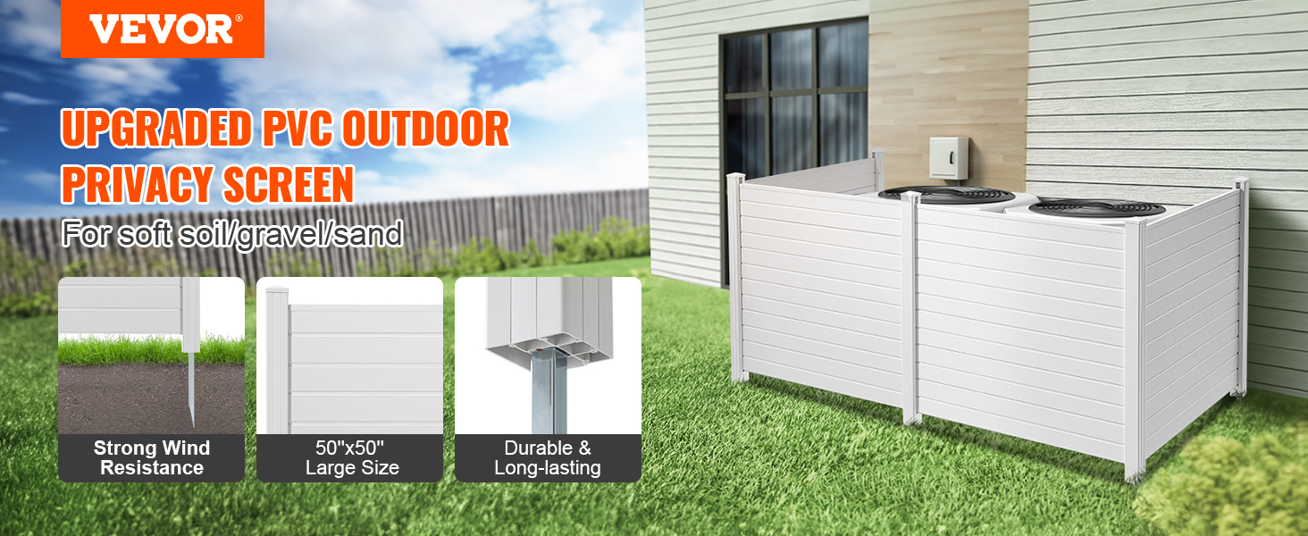 VEVOR privacy screens: upgraded pvc outdoor screens, strong wind resistance, 50"x50" size, durable.