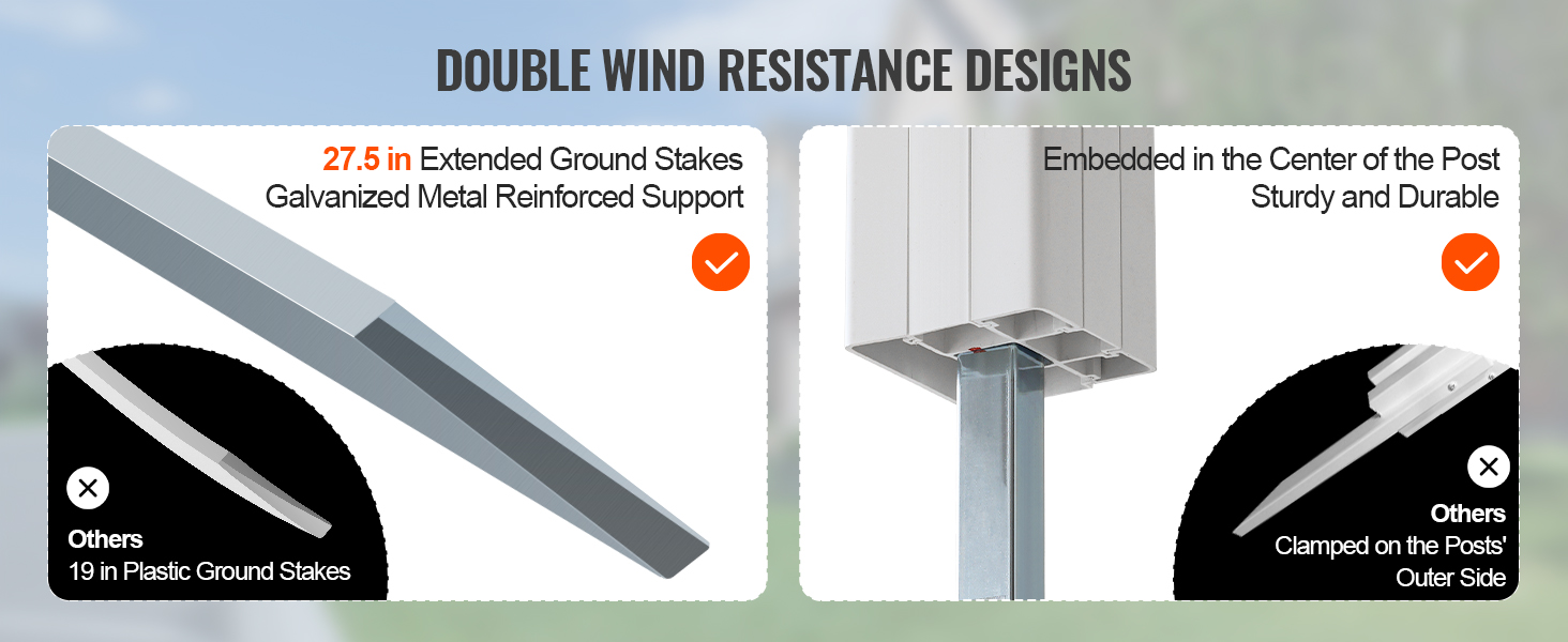 double wind resistance designs of VEVOR privacy screens include extended metal ground stakes and central post embedding.