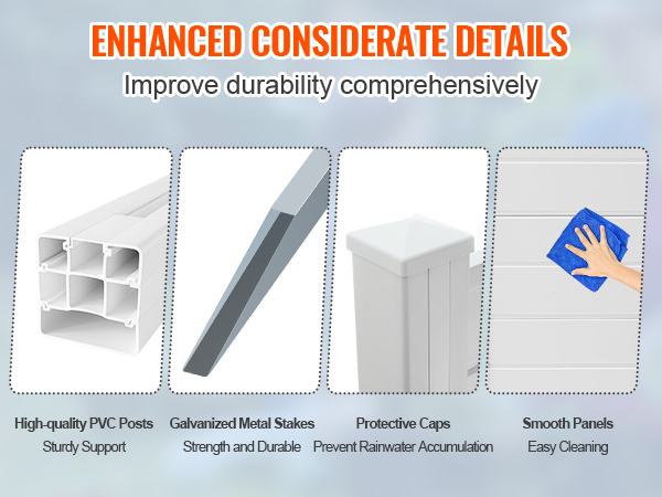 enhanced durability of VEVOR privacy screens: pvc posts, metal stakes, protective caps, and smooth panels.