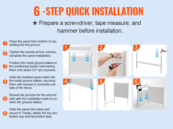 six-step installation guide for VEVOR privacy screens with screwdriver, tape measure, and hammer.