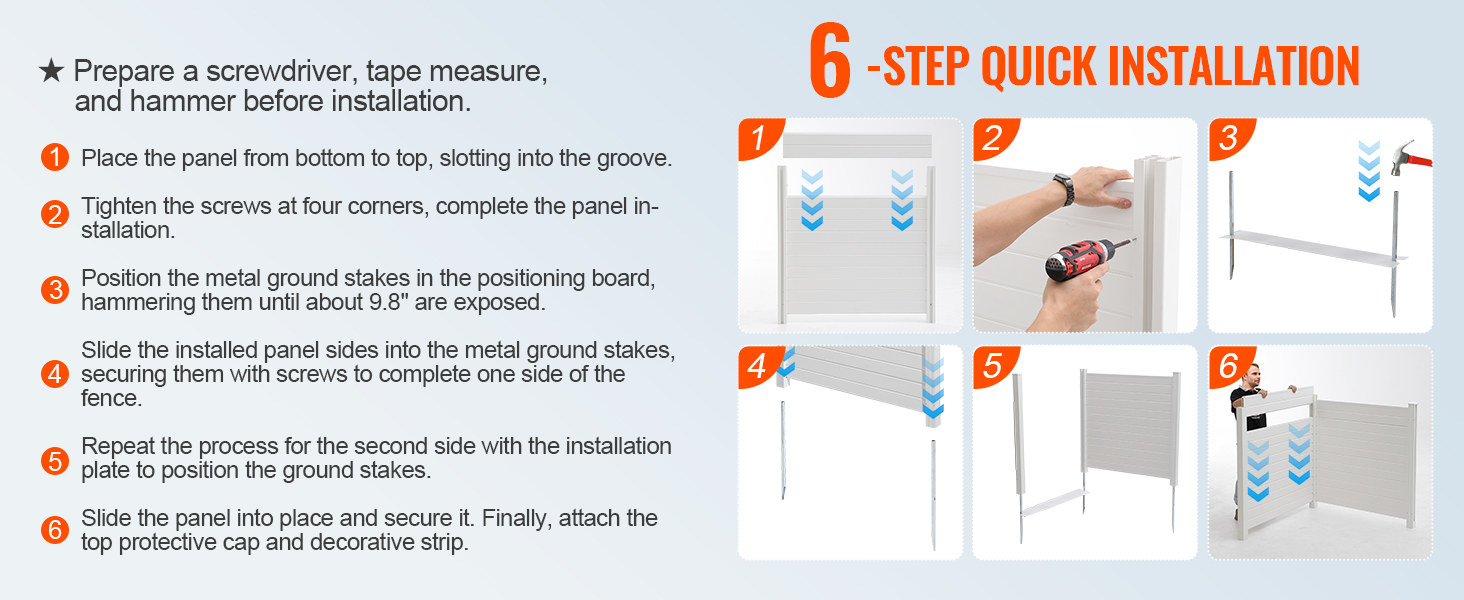 six-step installation guide for VEVOR privacy screens with screwdriver, tape measure, and hammer.