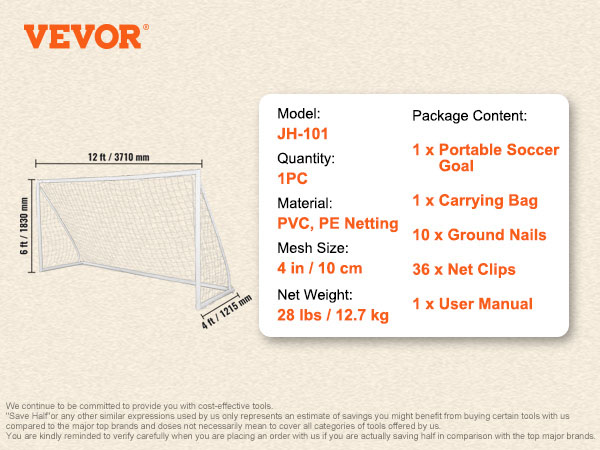 VEVOR portable soccer goal, 12ft x 6ft, pvc, pe netting, includes accessories and carrying bag.