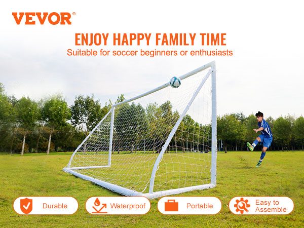 VEVOR portable soccer goal in a park with a player kicking a ball. durable, waterproof, easy to assemble.