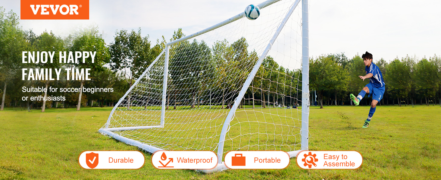 VEVOR portable soccer goal in a park with a player kicking a ball. durable, waterproof, easy to assemble.