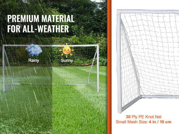 VEVOR portable soccer goal with all-weather pe knot net and 4-inch mesh size for rain and sun.