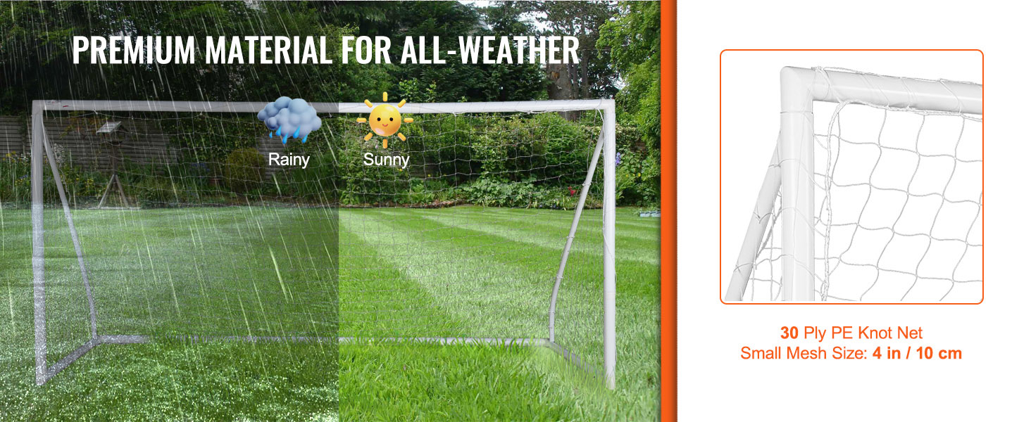 VEVOR portable soccer goal with all-weather pe knot net and 4-inch mesh size for rain and sun.