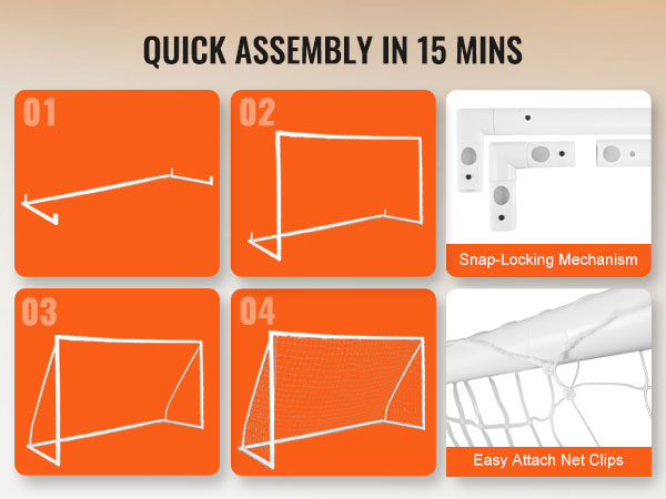 VEVOR portable soccer goal assembly steps with snap-locking mechanism and easy attach net clips.