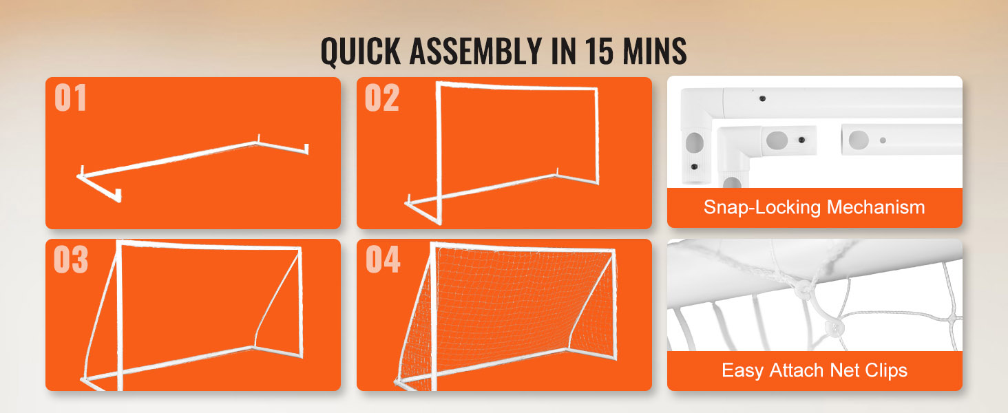 VEVOR portable soccer goal assembly steps with snap-locking mechanism and easy attach net clips.
