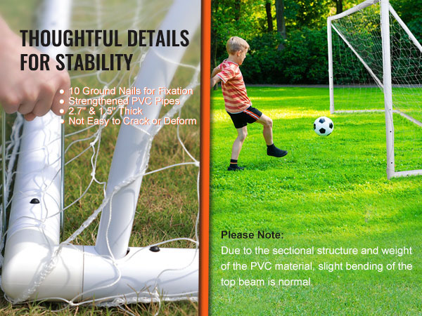 VEVOR portable soccer goal with strengthened pvc pipes and 10 ground nails for stable outdoor play.