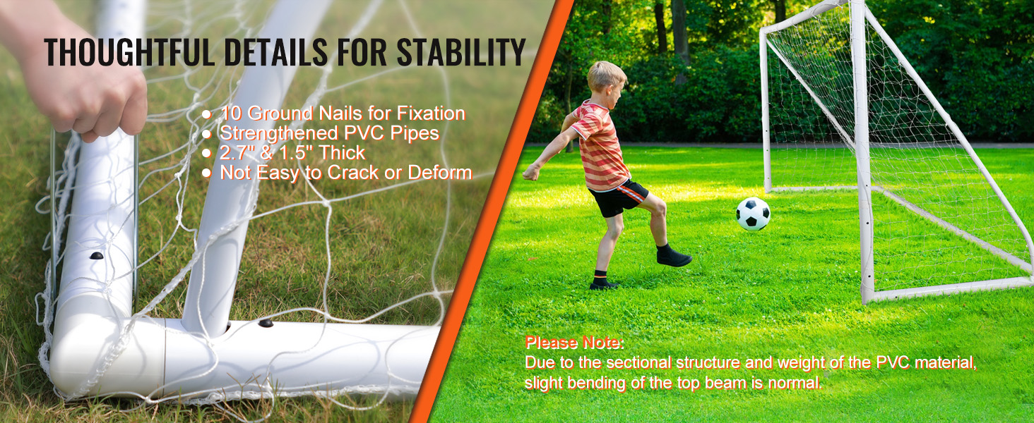 VEVOR portable soccer goal with strengthened pvc pipes and 10 ground nails for stable outdoor play.