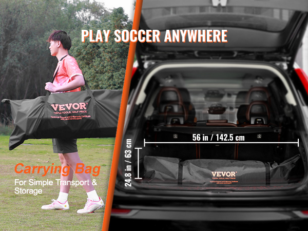 VEVOR portable soccer goal carrying bag being transported and fitting in a car trunk (56"x24.8").
