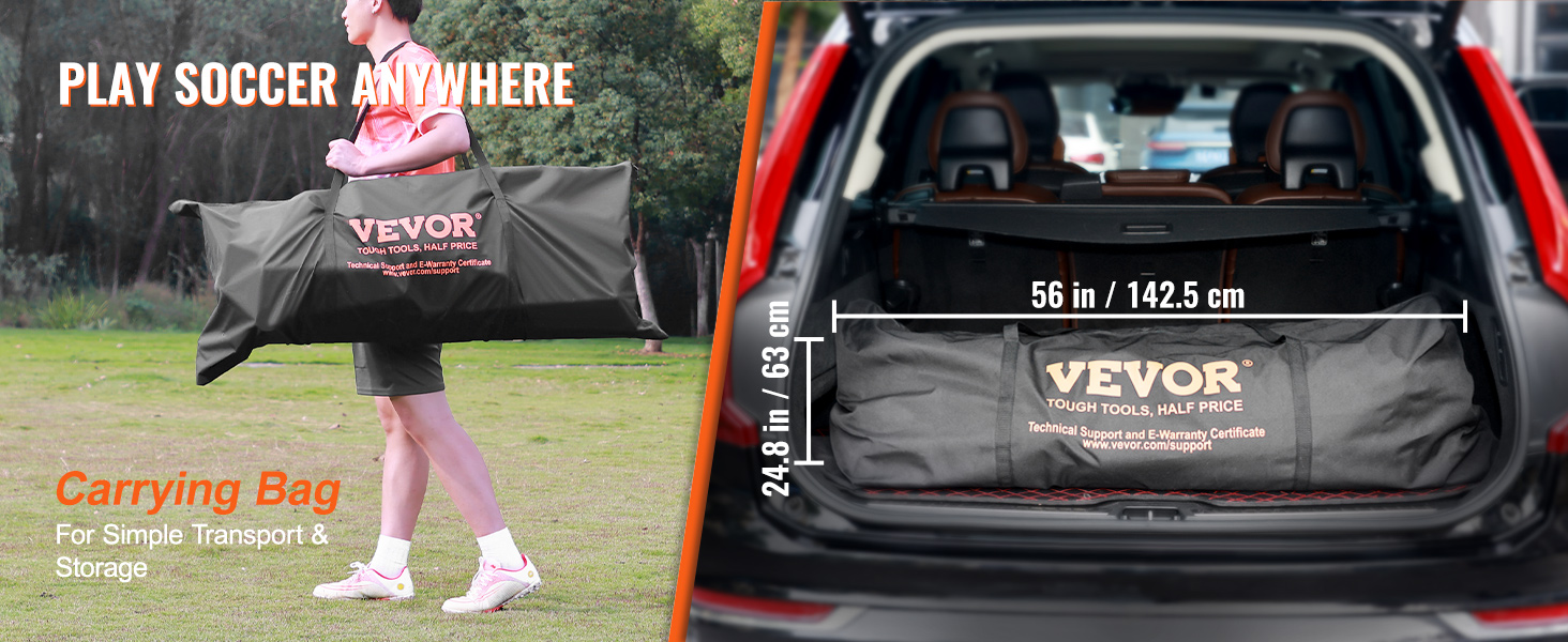 VEVOR portable soccer goal carrying bag being transported and fitting in a car trunk (56"x24.8").