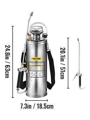 VEVOR nerūsējošā tērauda smidzinātājs, izmēri: 24,8 collas/63 cm augstums, 7,3 collas/18,5 cm platums.