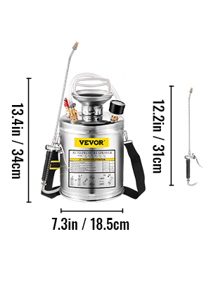 VEVOR hand pump sprayer with measurements, stainless steel tank, and adjustable nozzle.