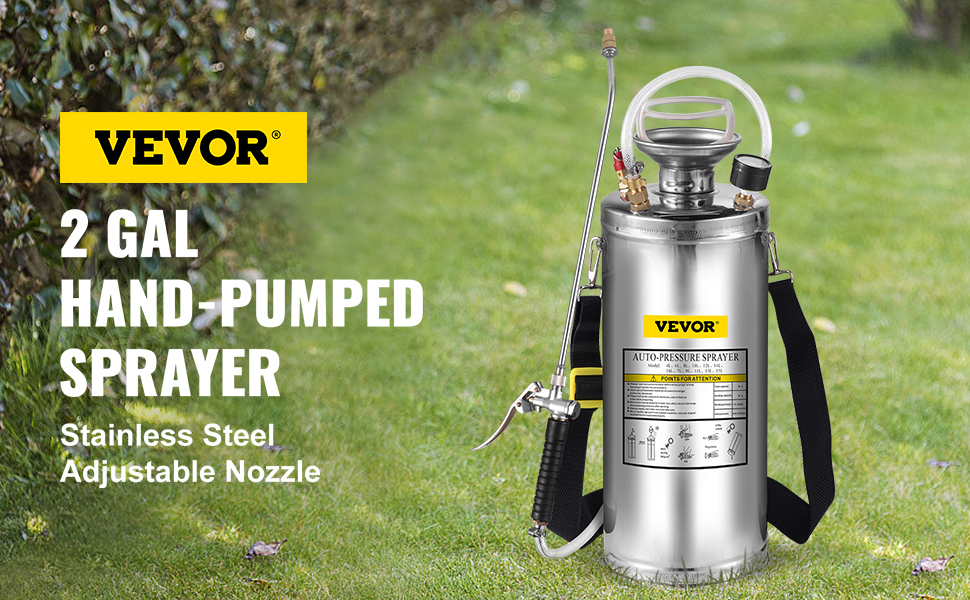 VEVOR stainless steel sprayer, 2 gal hand-pumped with adjustable nozzle on green lawn.