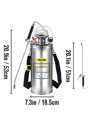 VEVOR stainless steel sprayer, 20.9in height, 7.3in base, with attached hose and nozzle.