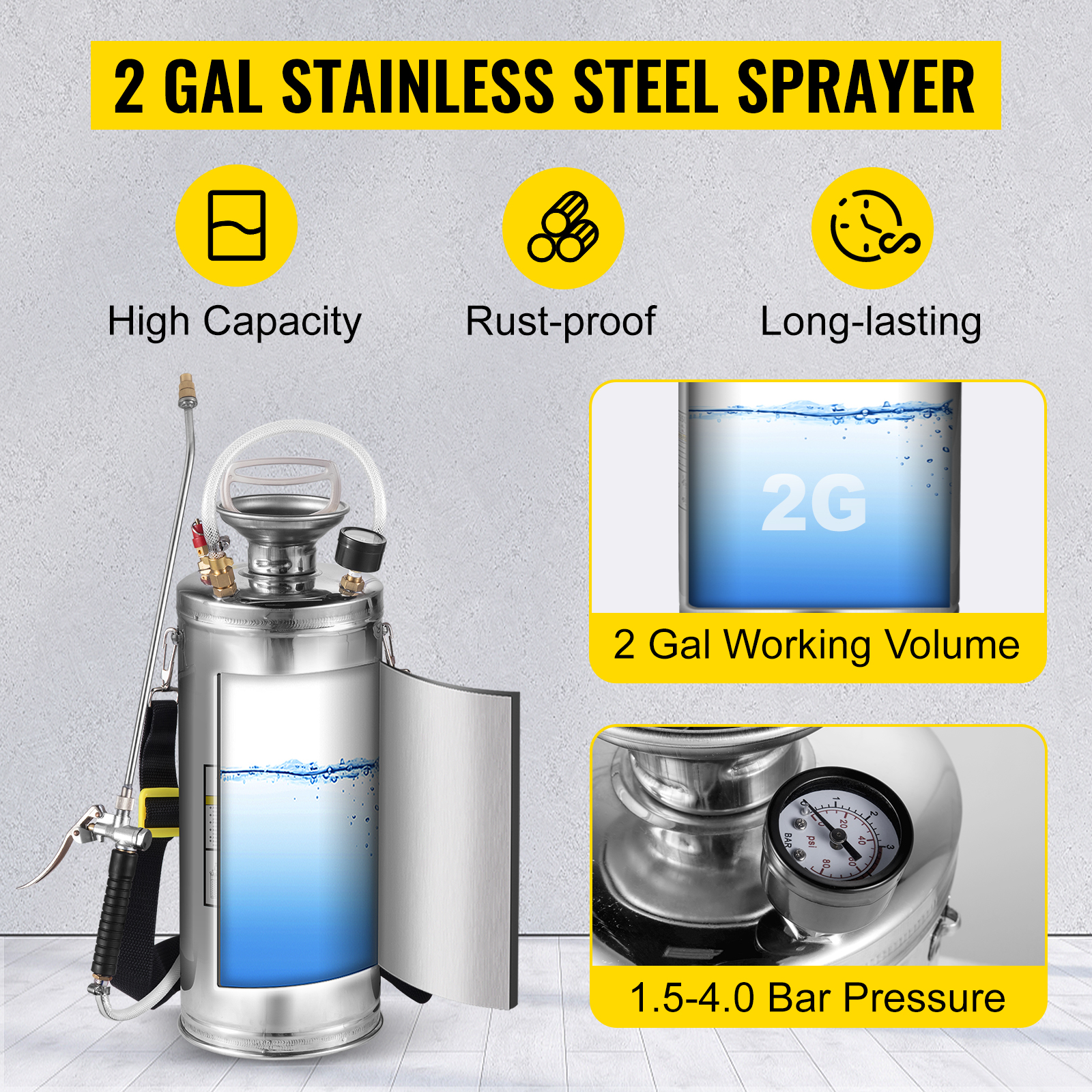 VEVOR stainless steel sprayer, 2 gal working volume, high capacity, rust-proof.