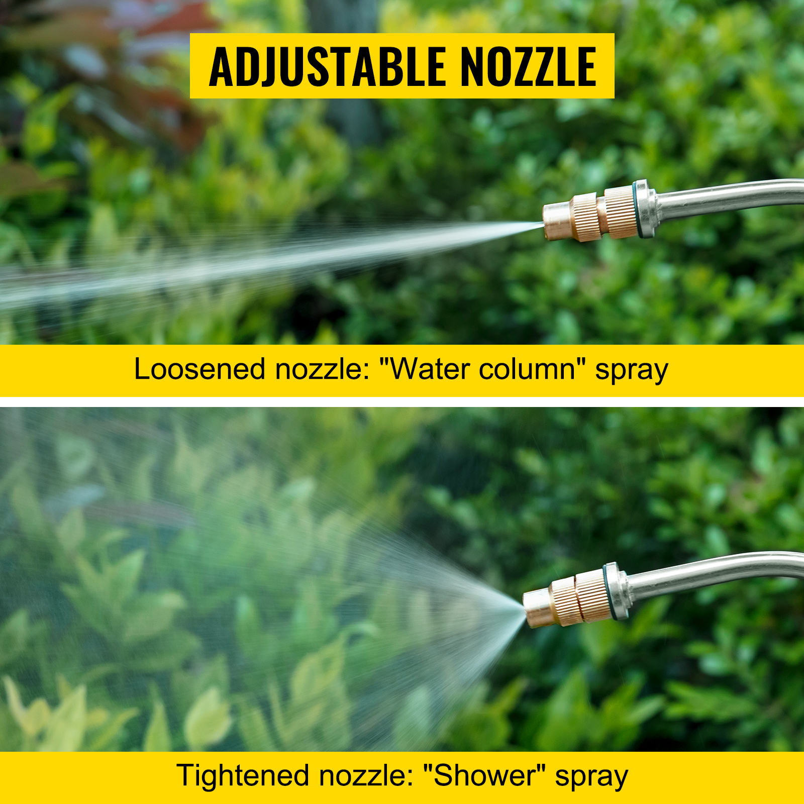 VEVOR stainless steel sprayer with adjustable nozzle showing water column and shower sprays.
