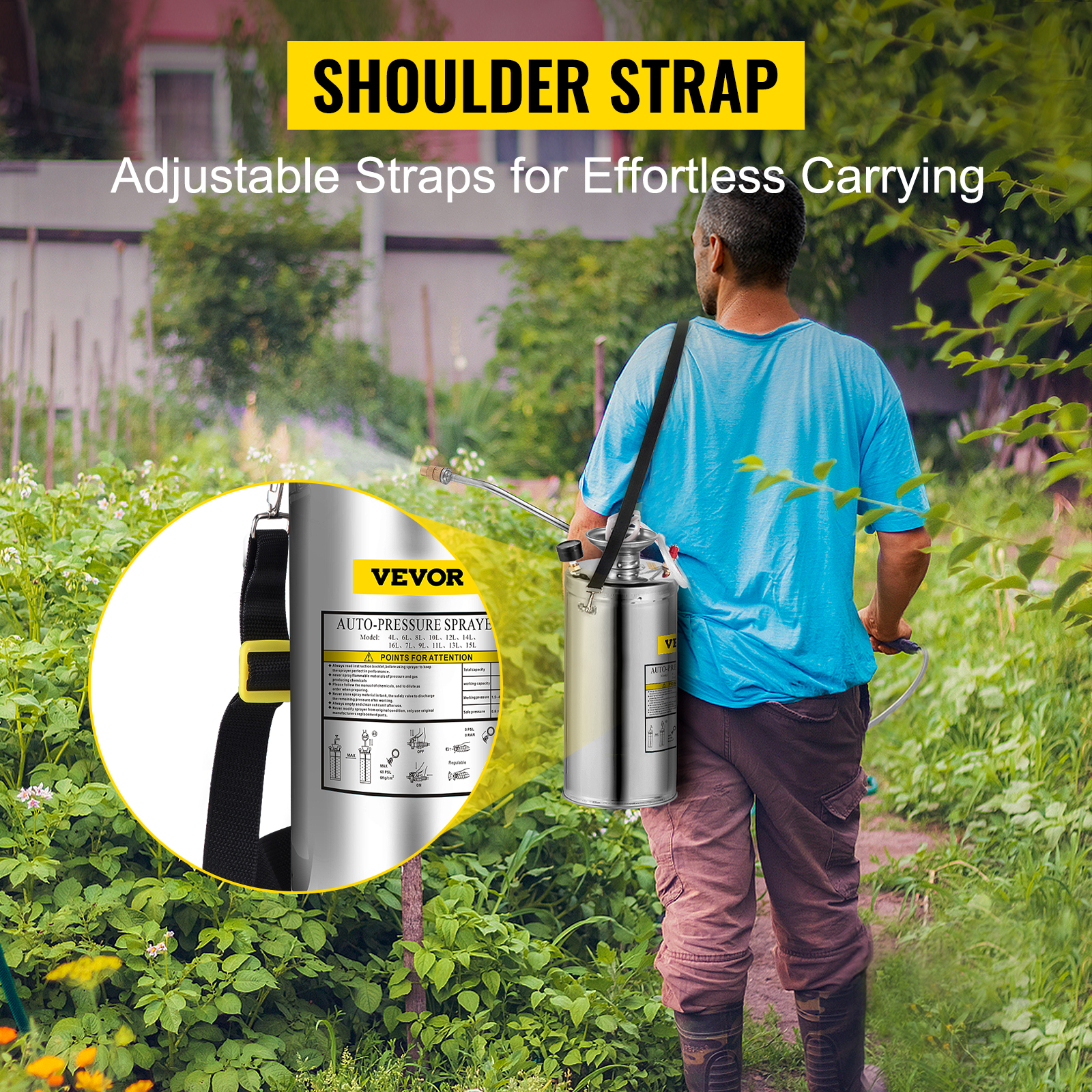 gardener using VEVOR stainless steel sprayer with adjustable shoulder straps.