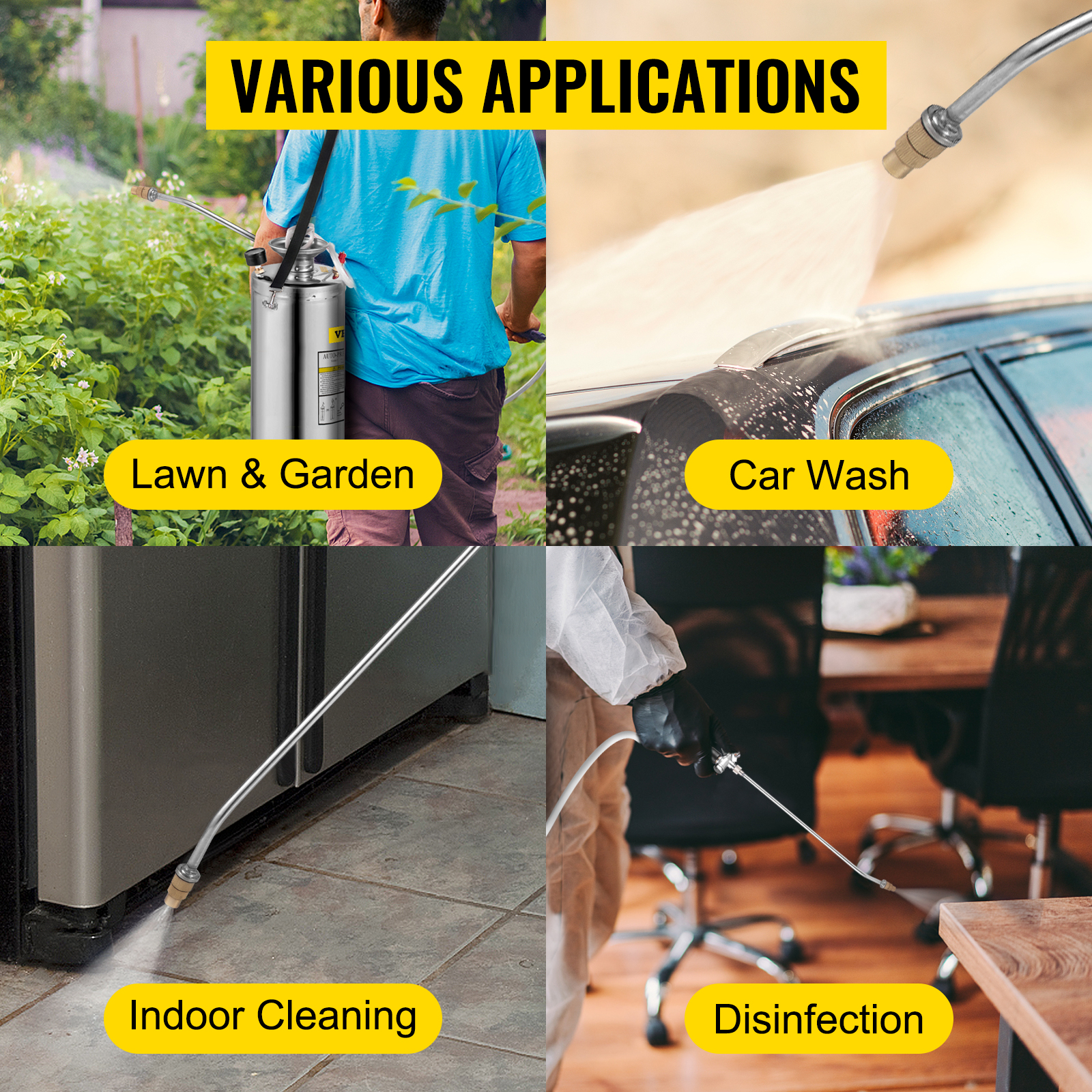 various applications of VEVOR stainless steel sprayer for cleaning and gardening.