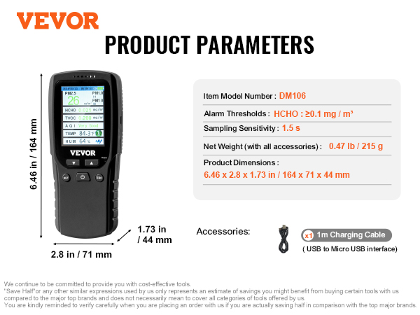 VEVOR air quality monitor dm106 with display, dimensions, alarm thresholds, and 1m charging cable.