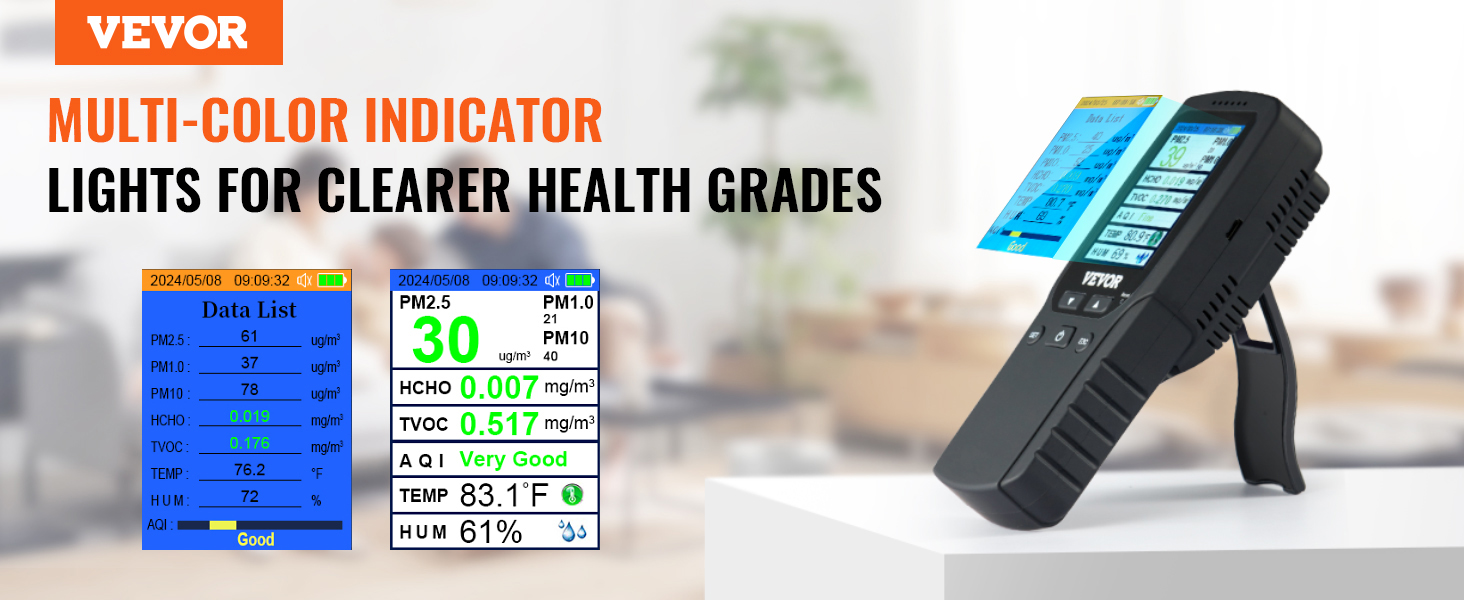 VEVOR air quality monitor displaying multi-color indicator lights for clearer health grades in a modern home.