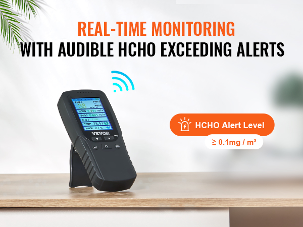 VEVOR air quality monitor displaying various readings with hcho alert notification on a desk.