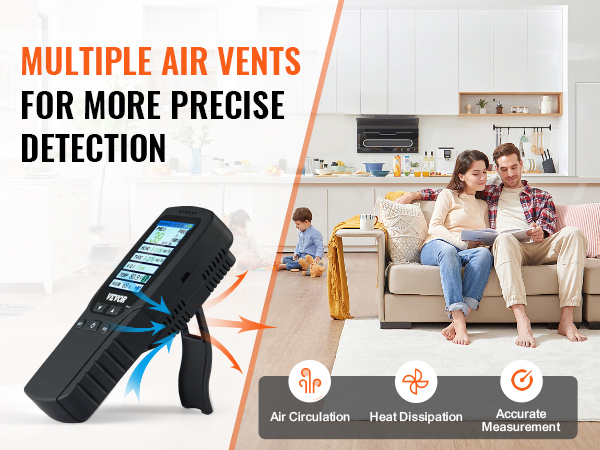 VEVOR air quality monitor in a living room and kitchen, highlighting air circulation, heat dissipation, and accurate measurement.