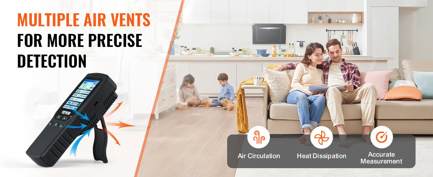 VEVOR air quality monitor in a living room and kitchen, highlighting air circulation, heat dissipation, and accurate measurement.