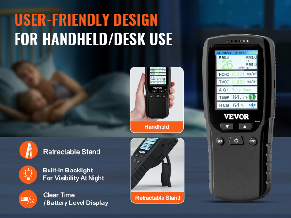 VEVOR air quality monitor with retractable stand, built-in backlight, and clear battery display.