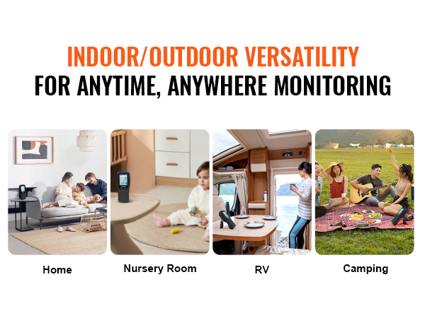 VEVOR air quality monitor displaying indoor/outdoor versatility for home, nursery, rv, and camping.